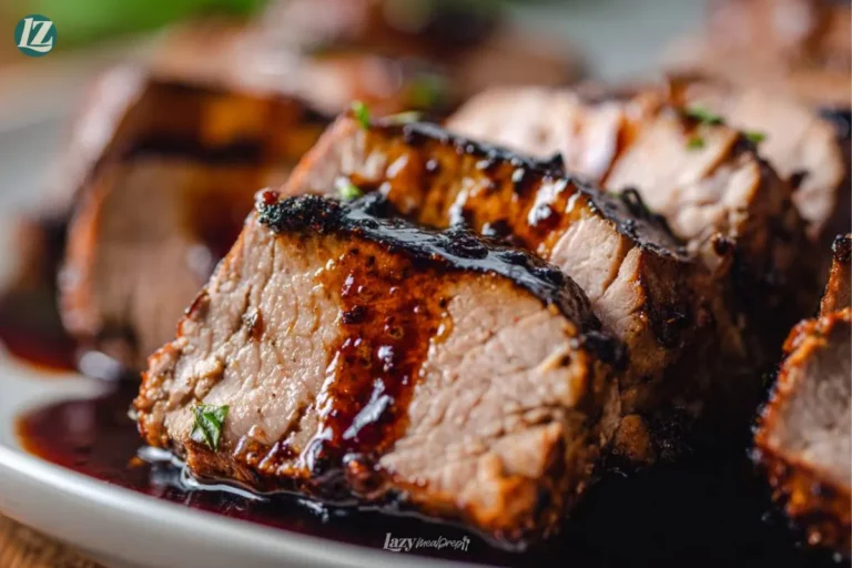 Final serving of Crockpot Balsamic Pork Tenderloin on plate