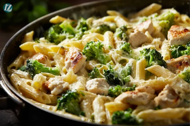 Finished Easy Chicken Broccoli Alfredo in skillet