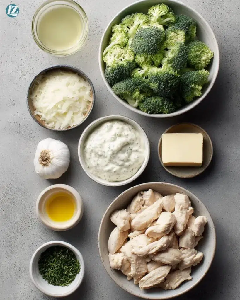 Easy Chicken Broccoli Alfredo Recipe for Creamy Weeknight Comfort 2 Easy Chicken Broccoli Alfredo ingredients on clean surface