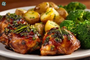 Final serving of Balsamic Glazed Chicken Thighs with sides