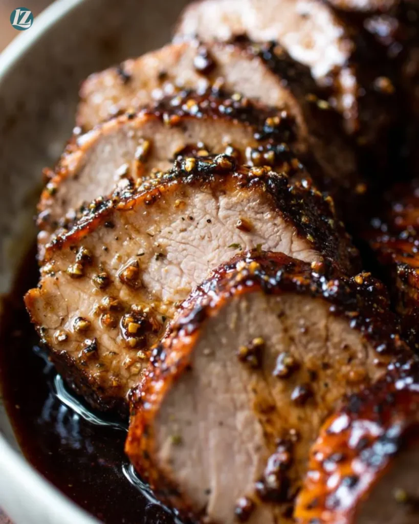 Crockpot Balsamic Pork Tenderloin Recipe for Busy Nights 4 Final serving of Crockpot Balsamic Pork Tenderloin on plate