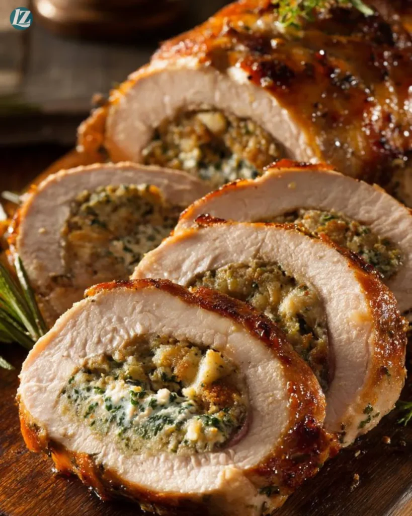 Final sliced Stuffed Pork Tenderloin on plate