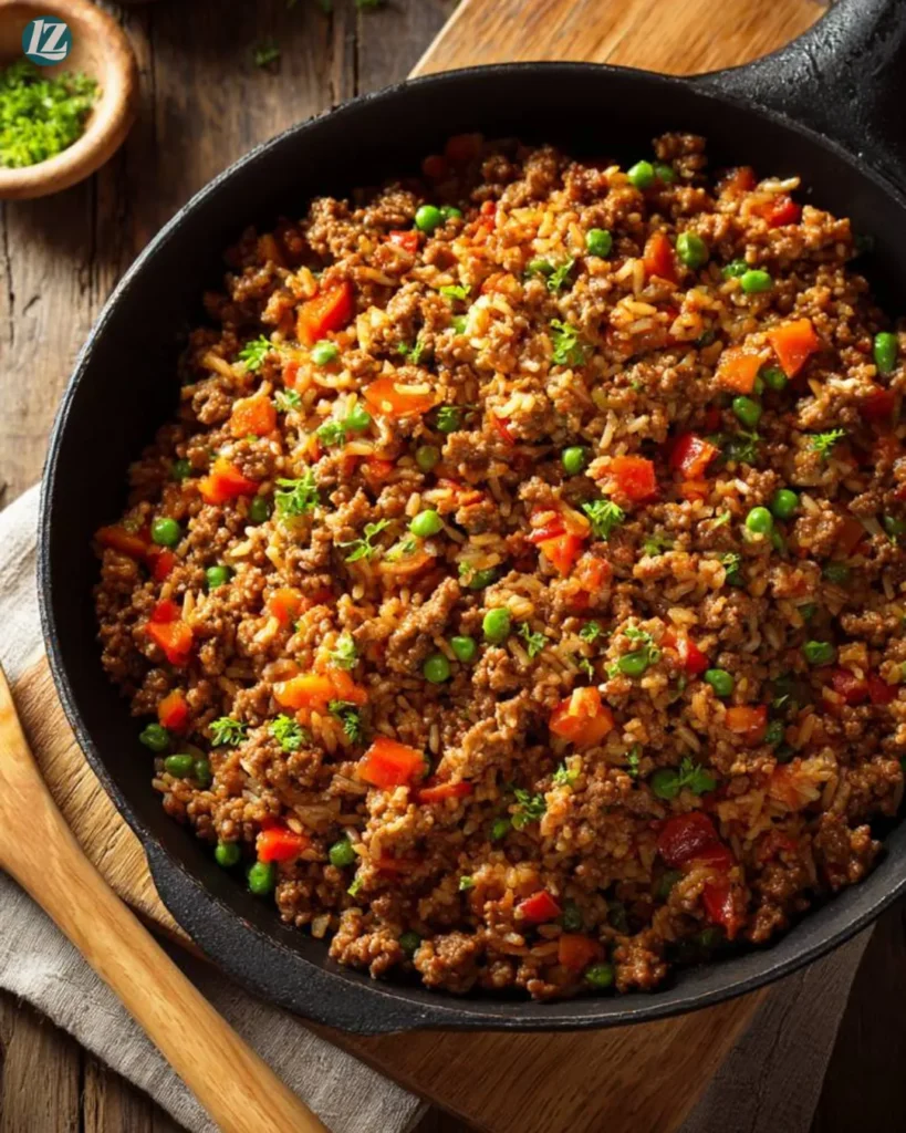 Ground Beef and Rice Skillet Recipe for Quick Weeknight Comfort 4 Finished Ground Beef and Rice Skillet in skillet