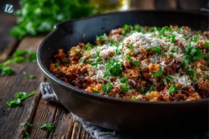 Ground beef cauliflower skillet final serving 45 angle