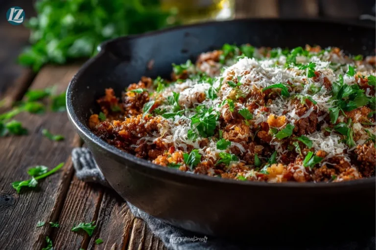 Ground beef cauliflower skillet final serving 45 angle