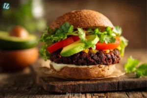 Healthy black bean burgers served on buns close up