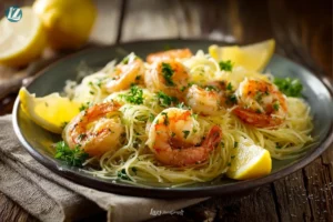 Healthy shrimp scampi final serving close up