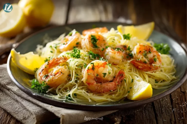 Healthy shrimp scampi final serving close up