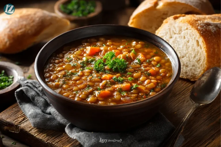 Hearty lentil soup ingredients overhead view