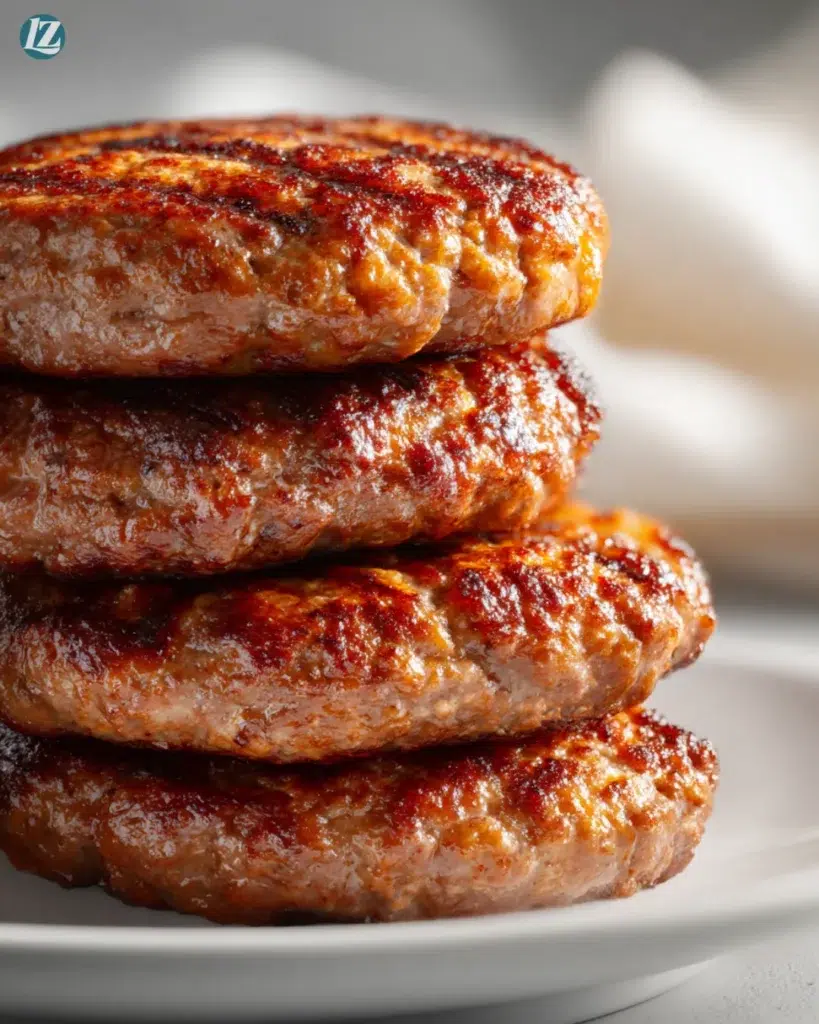Homemade Hamburger Patties Recipe That’s Juicy Every Time 4 Juicy homemade hamburger patties on a plate