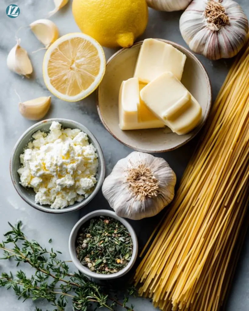 Lemon Garlic Butter Pasta Recipe for Quick Comfort Flavor 3 Lemon Garlic Butter Pasta ingredients on clean surface