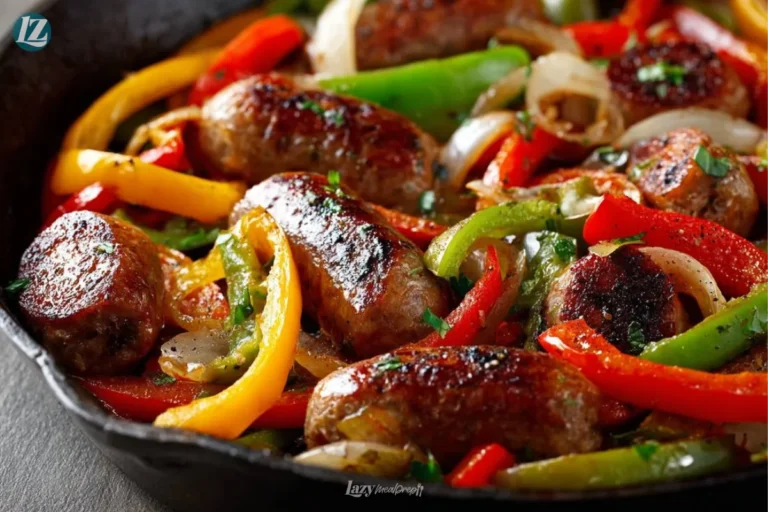 Finished One Pan Sausage and Peppers in skillet