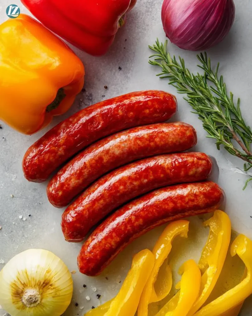 One Pan Sausage and Peppers Recipe for Easy Weeknight Flavor 2 One Pan Sausage and Peppers ingredients on clean surface