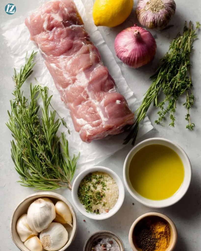 Stuffed Pork Tenderloin Recipe ingredients on clean surface