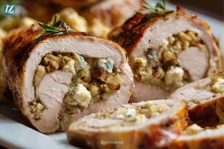 Final sliced Stuffed Pork Tenderloin on plate