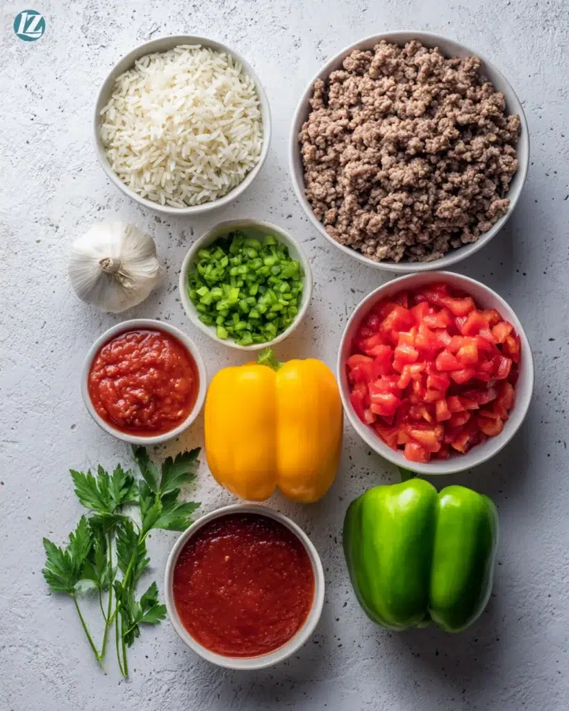 Stuffed Bell Peppers Recipe for Easy, Comforting Family Dinners 2 Stuffed bell peppers recipe ingredients neatly arranged