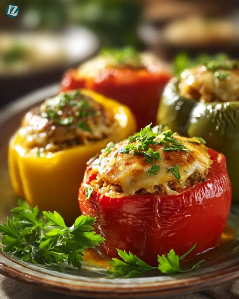 Stuffed Bell Peppers Recipe for Easy, Comforting Family Dinners 4 Stuffed bell peppers served on plate with parsley garnish