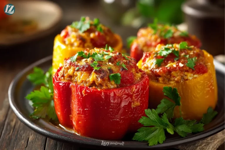 Stuffed bell peppers served on plate with parsley garnish