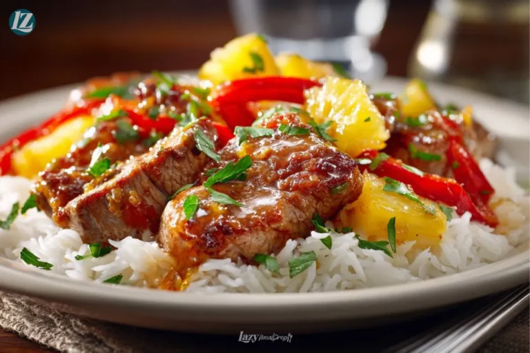 Final serving of Sweet and Sour Pork Tenderloin over rice