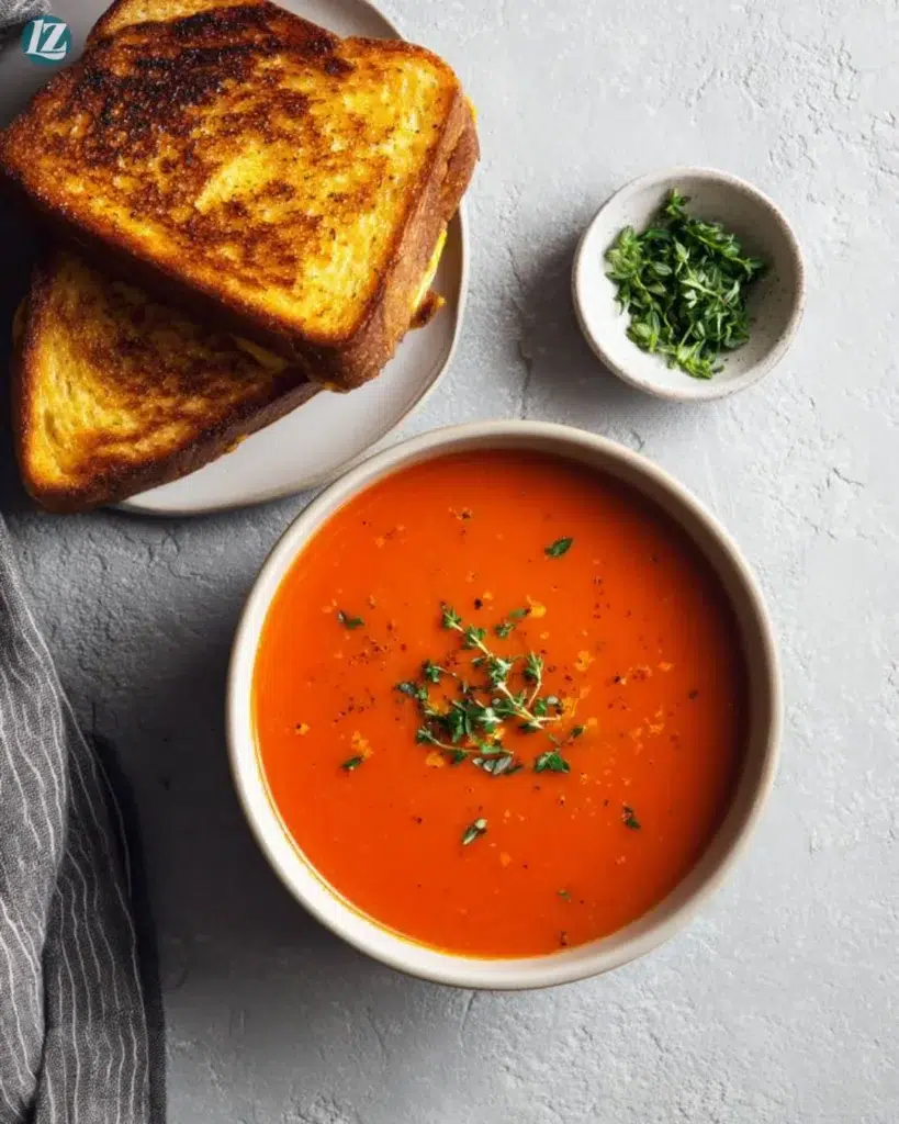 Tomato Soup With Grilled Cheese Recipe for Cozy Comfort Dinners 2 Tomato Soup With Grilled Cheese ingredients on white surface