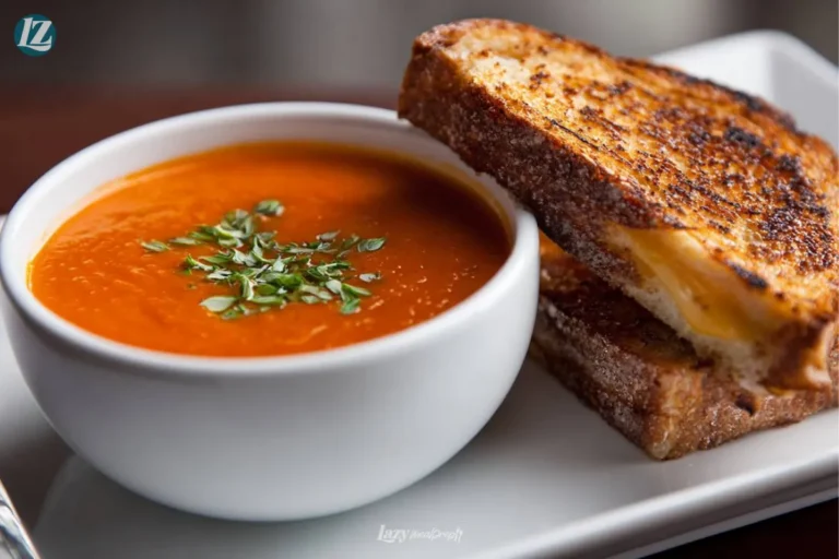 Finished Tomato Soup With Grilled Cheese on table
