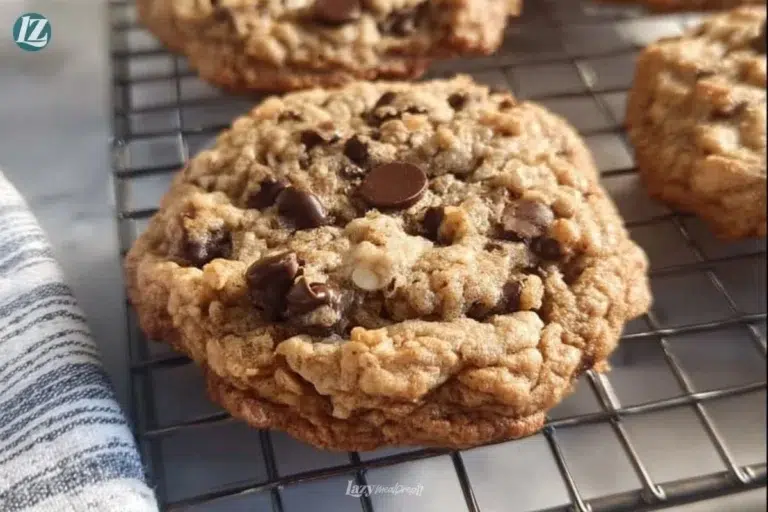 Baked oatmeal chocolate chip cookies on a cooling rack