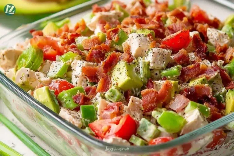 BLT Chicken Salad in a meal prep container with fresh ingredients