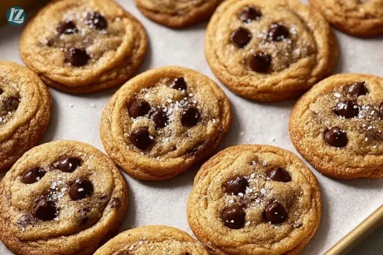 Delicious brown butter chocolate chip cookies on a baking tray.