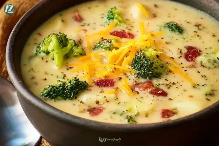 Bowl of Cheddar Broccoli Potato Soup topped with cheese and fresh broccoli