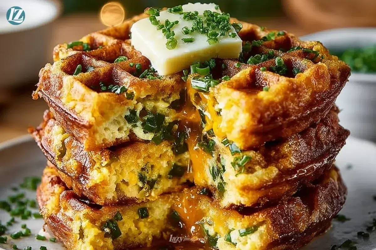 Cheddar Jalapeño Cornbread Waffles topped with cheese and jalapeños