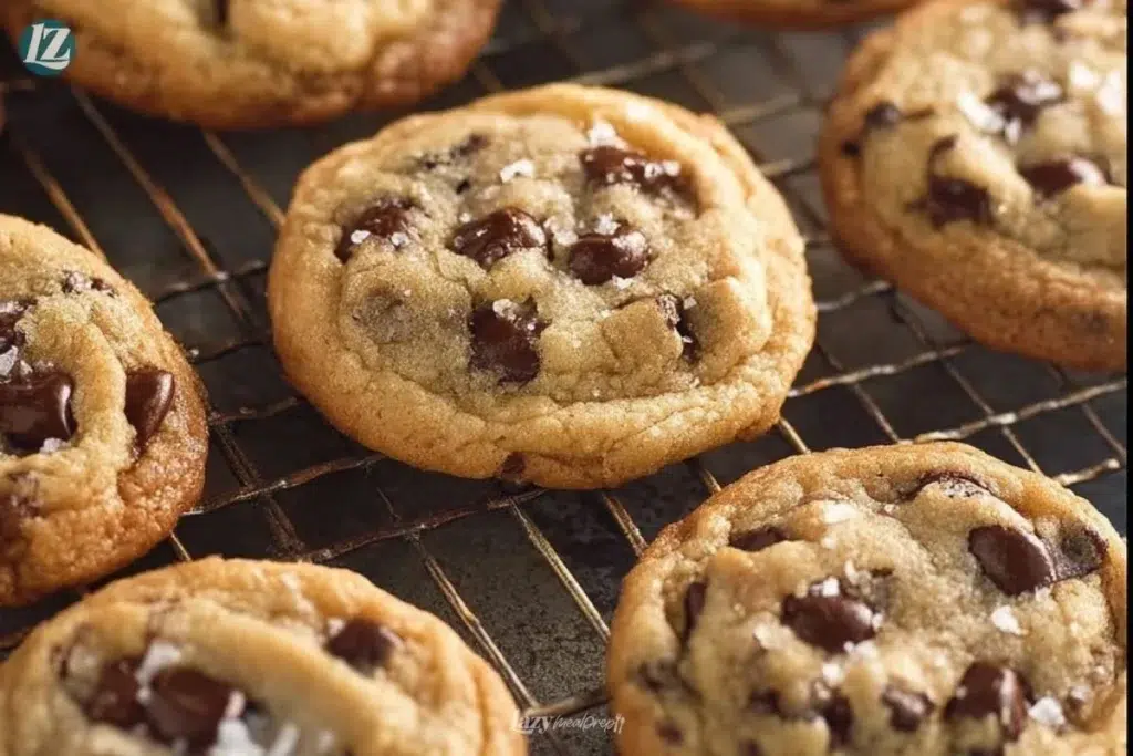 Freshly baked chewy chocolate chip cookies cooling on a rack