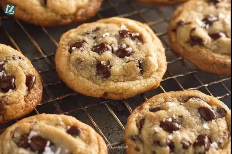 Freshly baked chewy chocolate chip cookies cooling on a rack