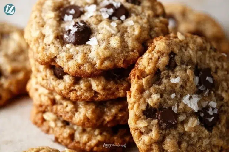 Delicious chewy oatmeal chocolate chip cookies on a baking tray