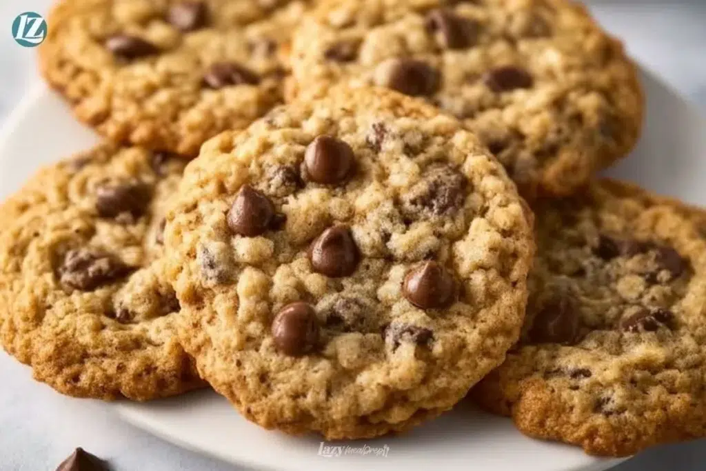 A plate of chewy oatmeal cookies fresh from the oven with chocolate chips and nuts