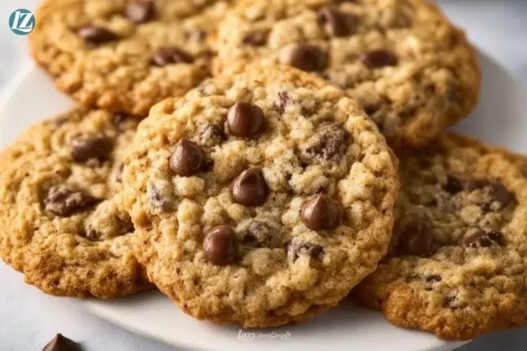 A plate of chewy oatmeal cookies fresh from the oven with chocolate chips and nuts