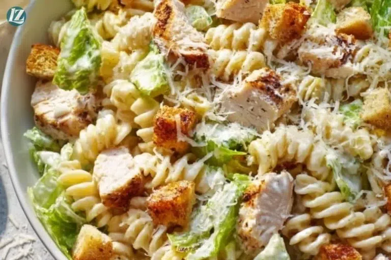 Delicious Chicken Caesar Pasta Salad with fresh ingredients and dressing