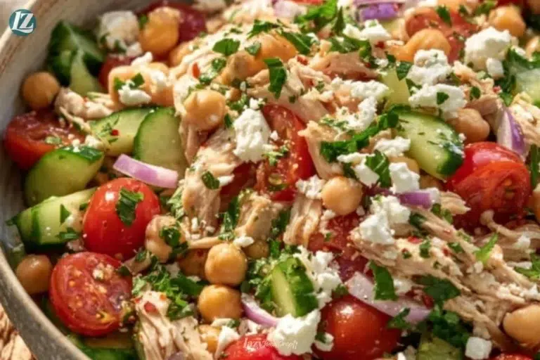 Healthy Chicken and Chickpea Salad served in a bowl