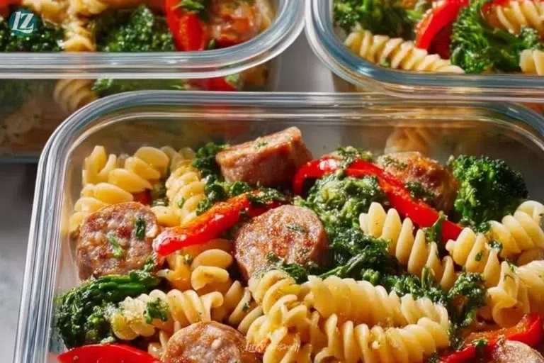 Healthy Chicken Sausage Pasta Meal Prep Bowl with fresh vegetables and herbs
