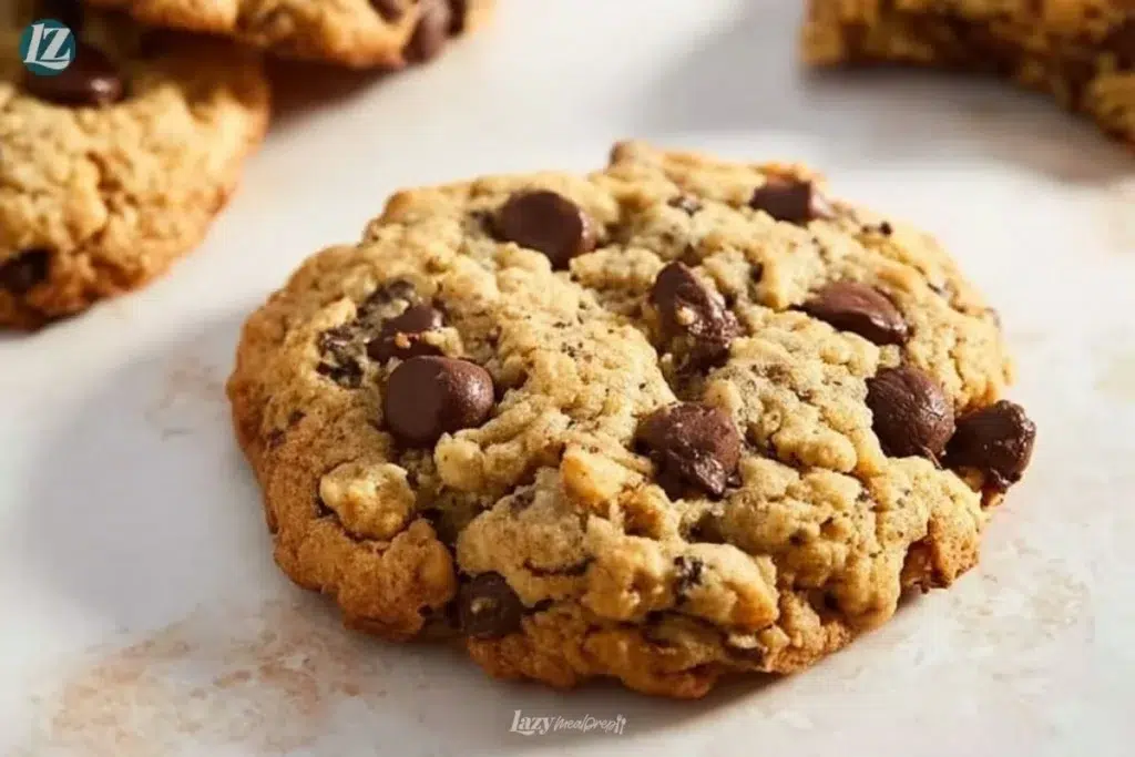 Freshly baked chocolate chip oatmeal cookies on a cooling rack