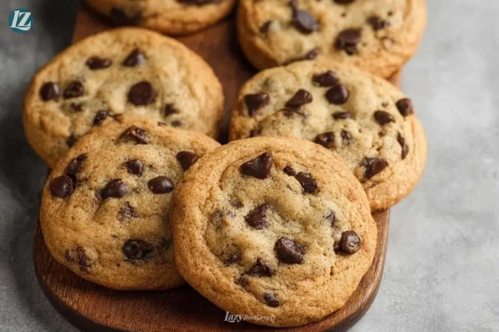 Delicious vegan chocolate chip cookies on a wooden table.
