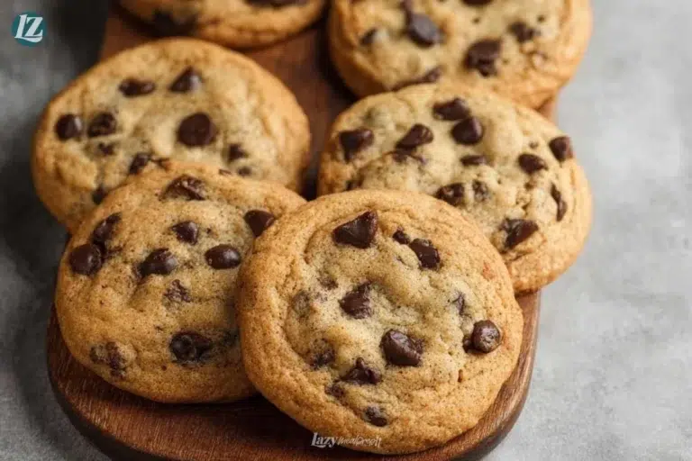 Delicious vegan chocolate chip cookies on a wooden table.