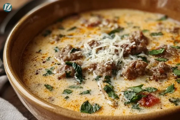 Bowl of creamy Parmesan Italian sausage soup garnished with herbs.