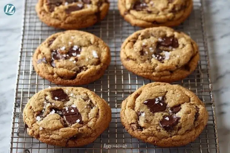 Freshly baked easy brown butter chocolate chip cookies on a plate