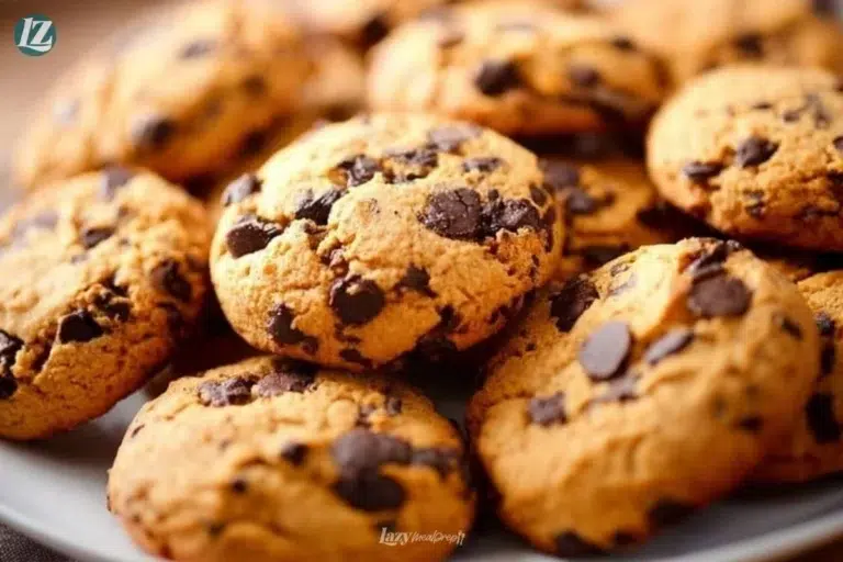 Plate of easy soft pumpkin chocolate chip cookies with chocolate chips and spices