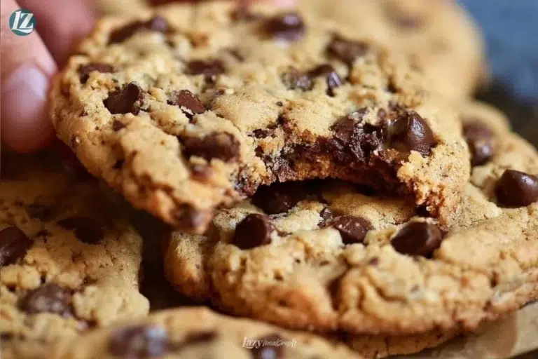 Freshly baked easy vegan chocolate chip cookies on a cooling rack