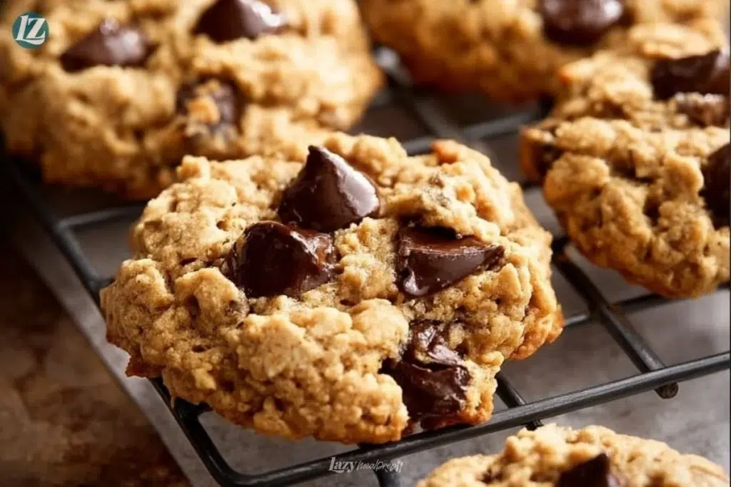 Flourless peanut butter oatmeal chocolate chip cookies fresh out of the oven.