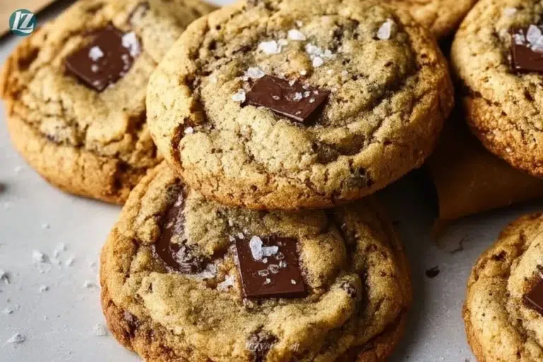 Gluten free brown butter chocolate chip cookies on a rustic table.
