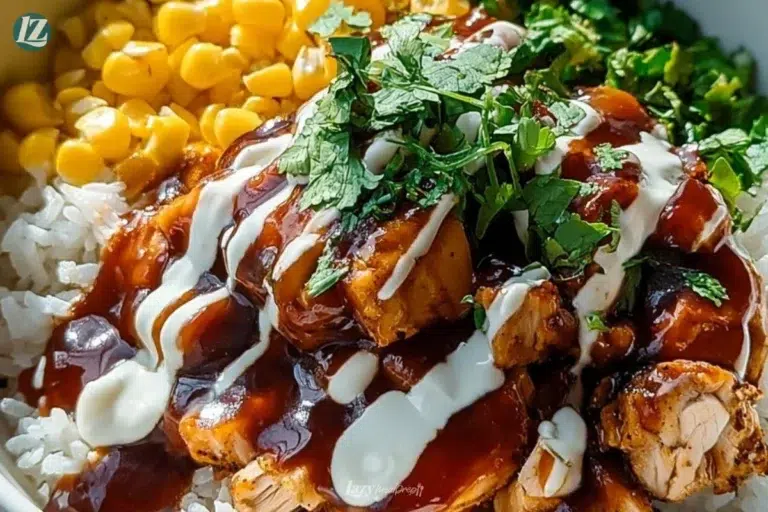 BBQ Ranch Chicken Bowl topped with fresh ingredients and BBQ sauce