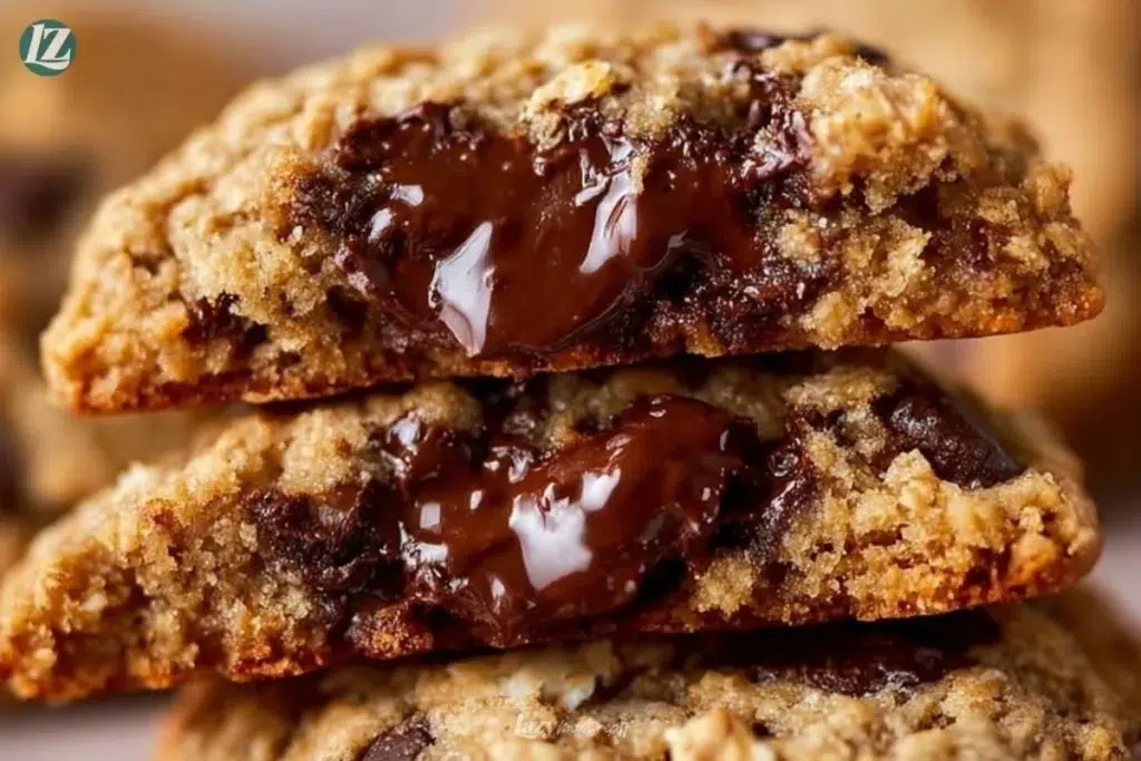 Freshly baked oatmeal chocolate chip cookies on a cooling rack