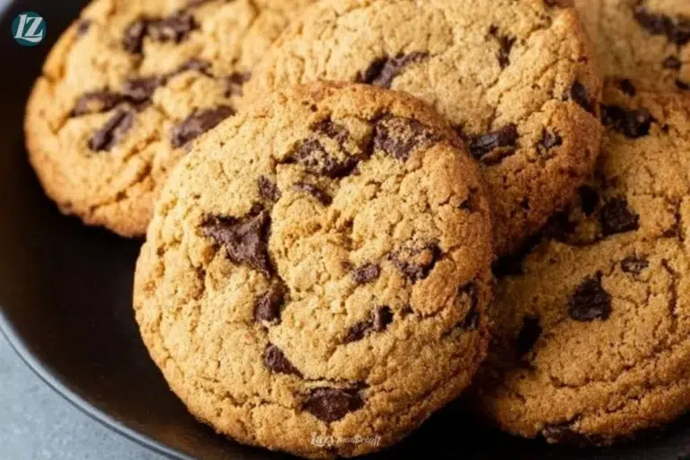 Freshly baked oat flour chocolate chip cookies on a wooden table